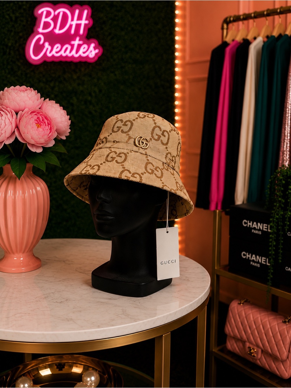 Monogram Bucket Hat with Gold Logo